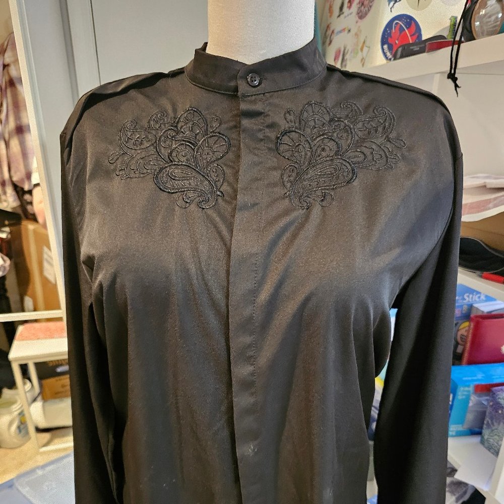 Black Mandarin-Style Collar Embroidered Dress Shirt